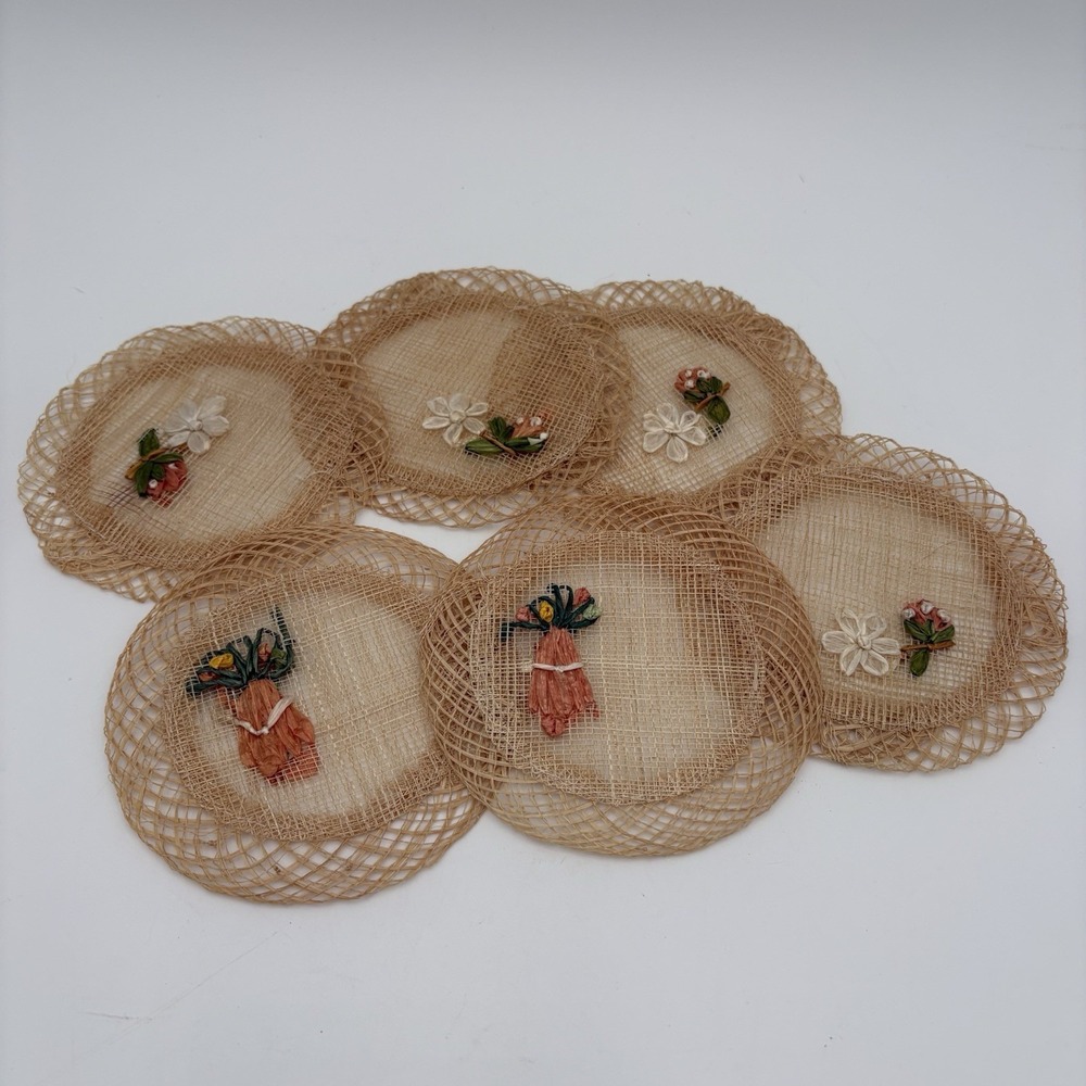 Handwoven Raffia Straw‎ Round Coasters Embroidered Flowers 6